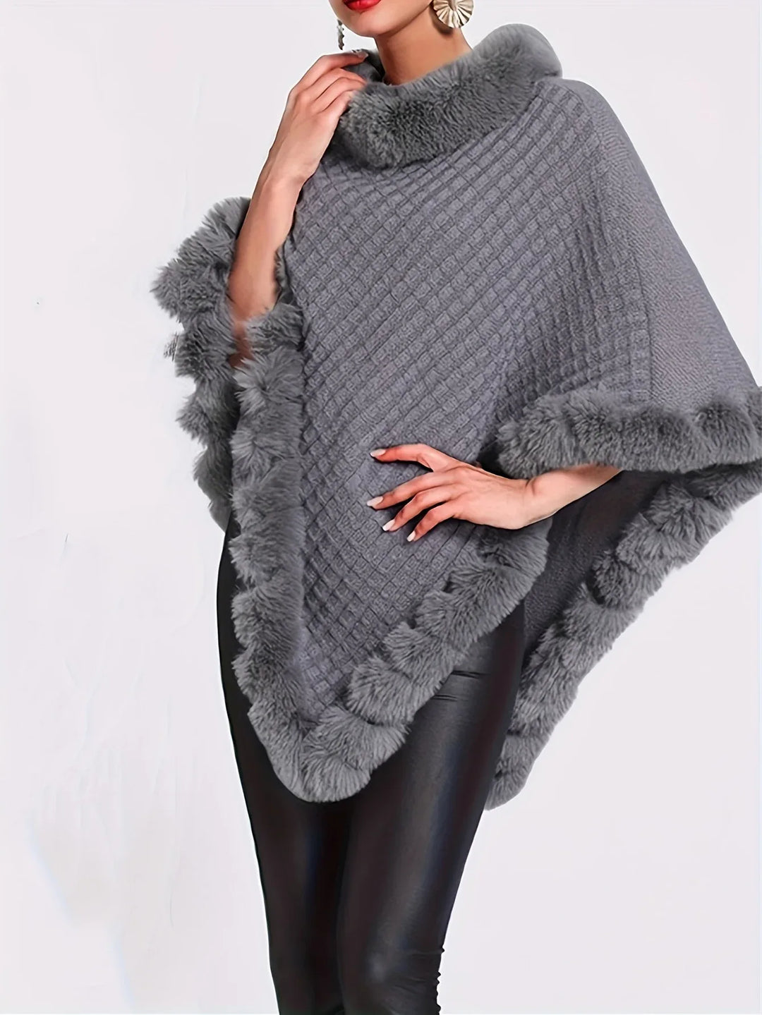 Elara – Faux Fur Trim Knit Poncho - MABEL LONDON