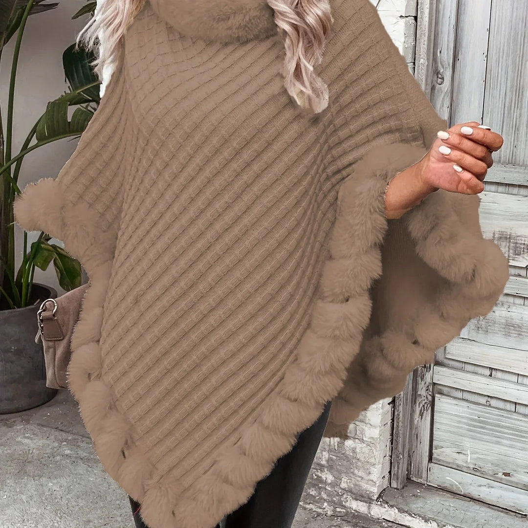 Elara – Faux Fur Trim Knit Poncho - MABEL LONDON