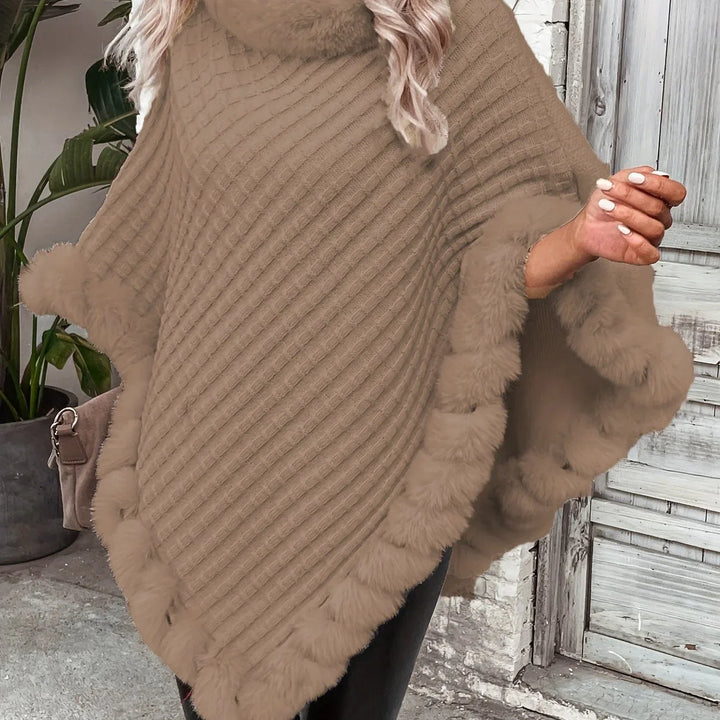 Elara – Faux Fur Trim Knit Poncho - MABEL LONDON
