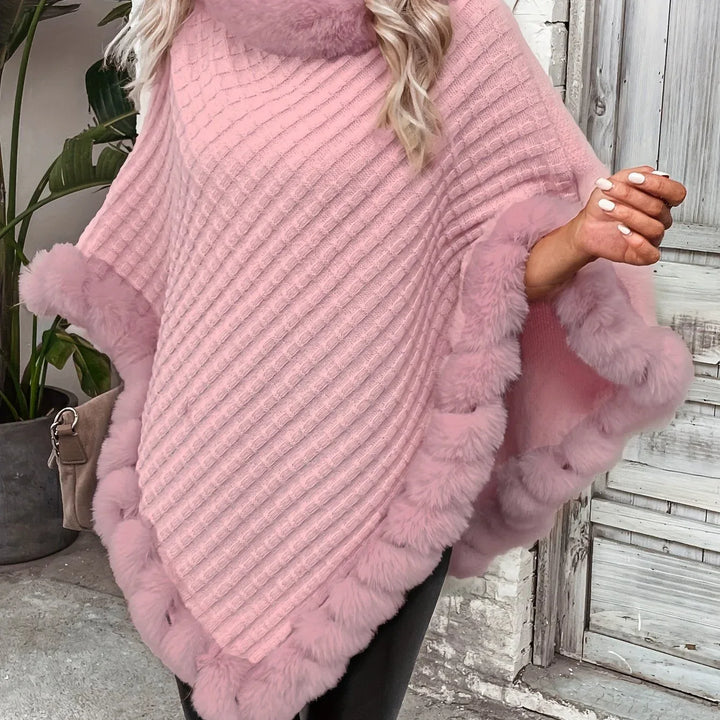 Elara – Faux Fur Trim Knit Poncho - MABEL LONDON