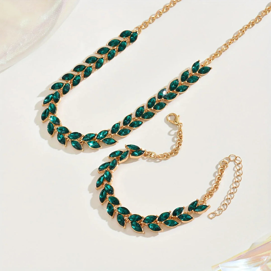 Elegant Green Crystal Necklace & Bracelet Duo - MABEL LONDON