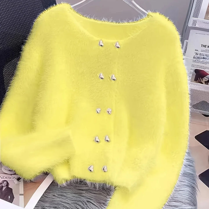 Luna – Fluffy Heart-Button Knit Sweater - MABEL LONDON