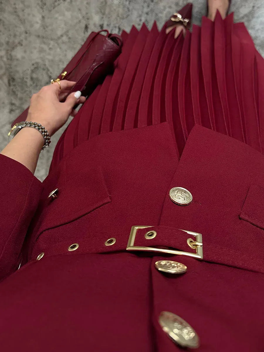 EMILIE™ - Chic Belted Blazer & Pleated Skirt Set - MABEL LONDON