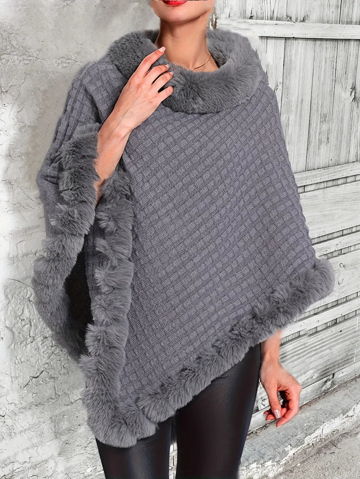 Elara – Faux Fur Trim Knit Poncho - MABEL LONDON