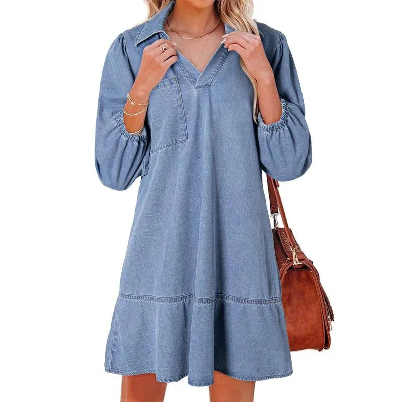 GEMMA™ – Classic Soft Washed Denim Puff Sleeve Dress - MABEL LONDON