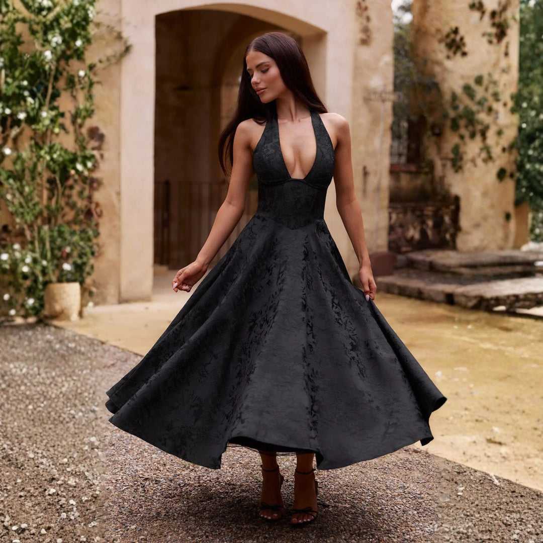 ZIORA™ - Chic Low Cut Sleeveless Open Back A-Line Halter Maxi Dress - MABEL LONDON