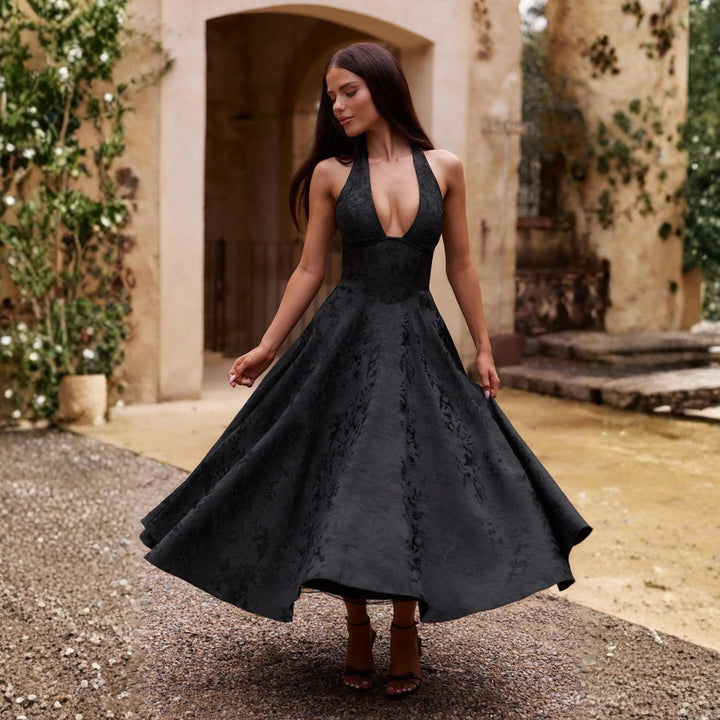 ZIORA™ - Chic Low Cut Sleeveless Open Back A-Line Halter Maxi Dress - MABEL LONDON