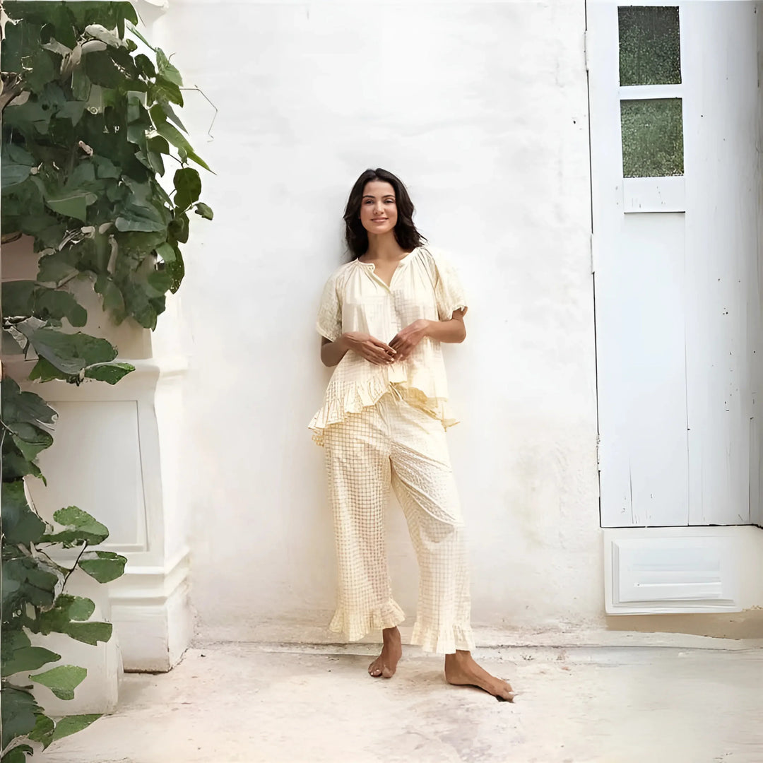 NEVERLAND™ - Casual Plaid Puff Sleeve Top and Pants Set - MABEL LONDON