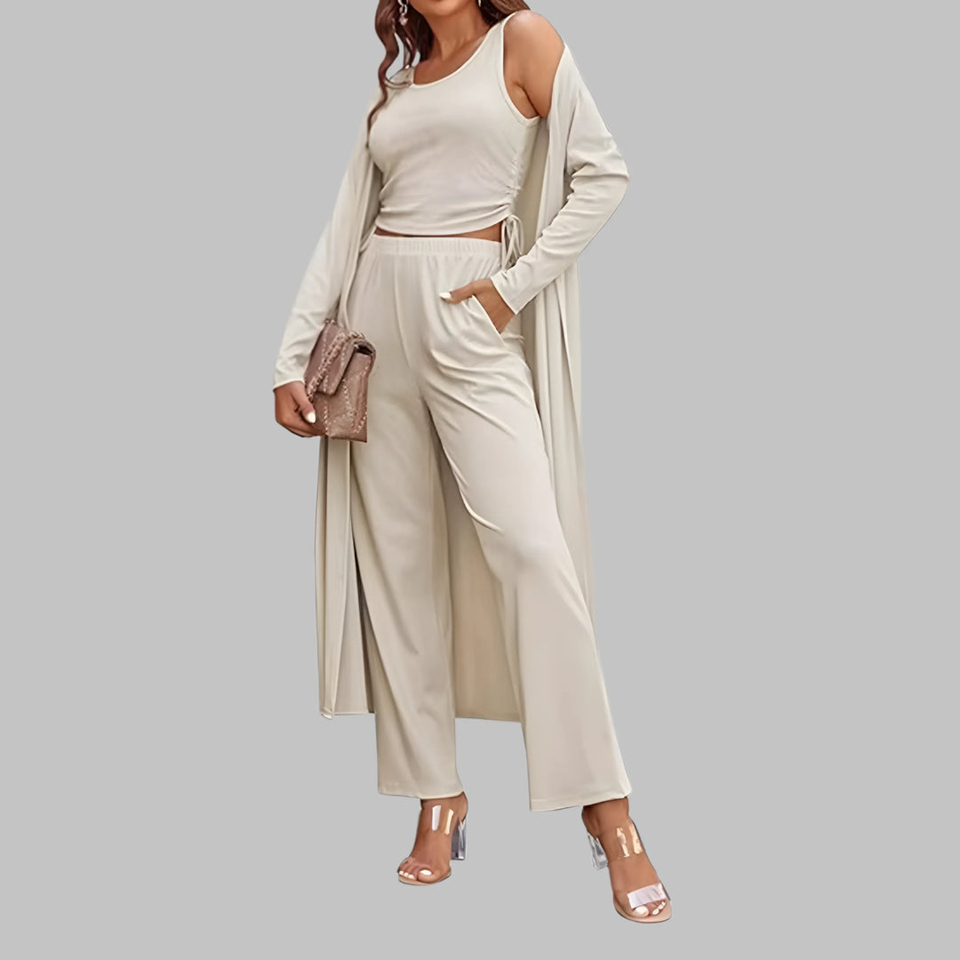 SANORA™ - Casual Lightweight Three Piece Long Cardigan Drawstring Top and Pants Sleepwear - MABEL LONDON