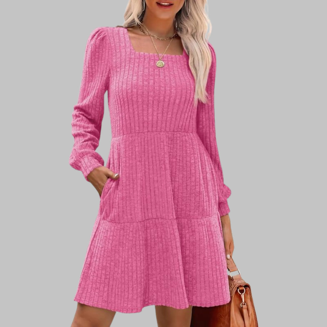 ULAN™ - Casual Square Neck Long Sleeve Midi Dress - MABEL LONDON