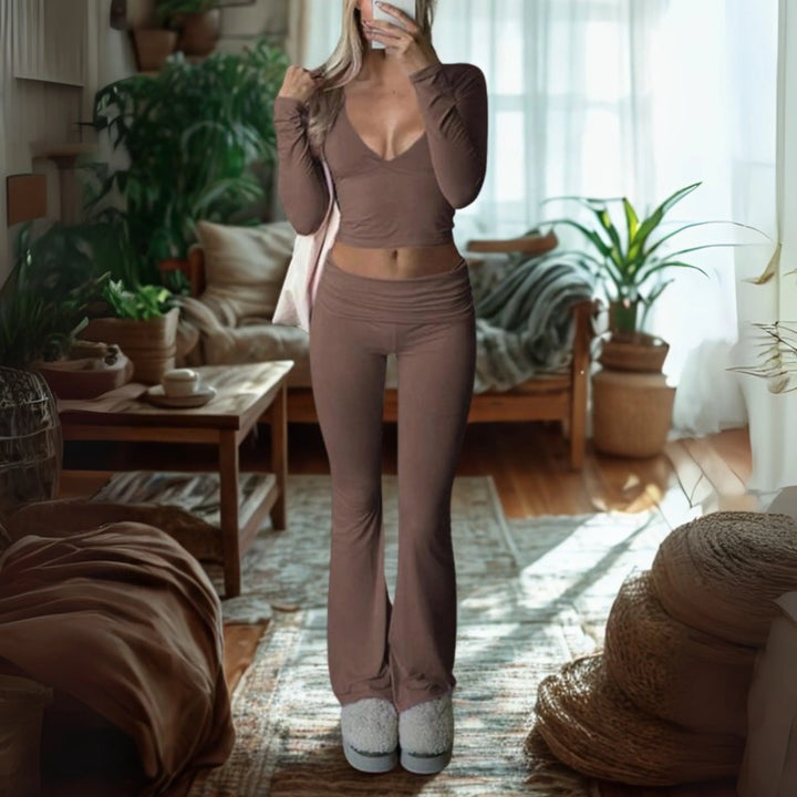 SINA™ - Casual V-Neck Long Sleeve Crop Top and Pants Set - MABEL LONDON