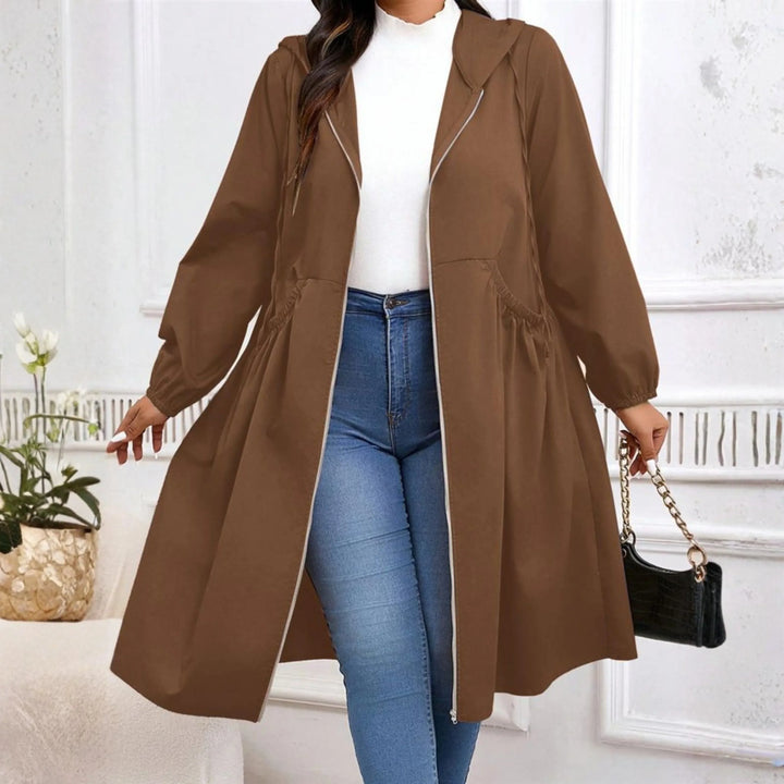 AVRIL™ - Casual Plus Size Drawstring Zip-Up Long Sleeve Hooded Coat - MABEL LONDON