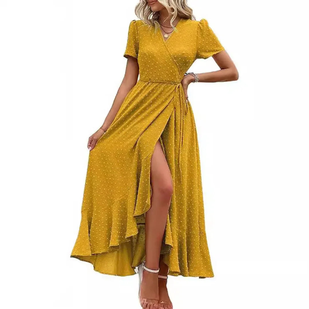 MARJORIE™ - Cozy Summer Wrap Ruffle Hem Split Maxi Dress - MABEL LONDON