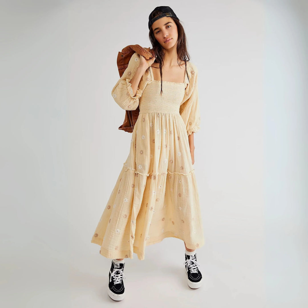 MOIRA™ - Comfy Floral Lantern Sleeve Square Neck Maxi Dress - MABEL LONDON