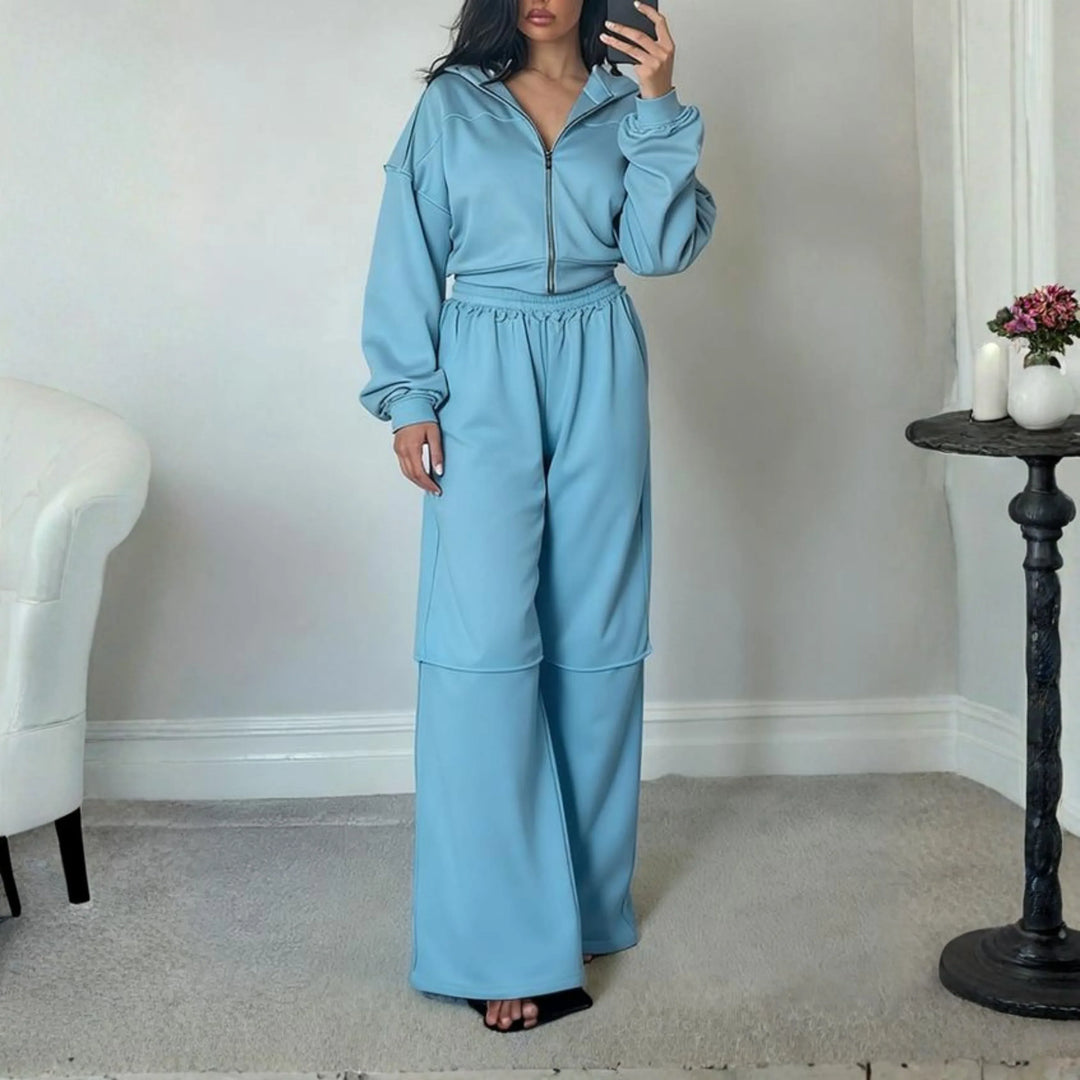 DARA™ - Comfy Zip Up Hooded Sweatshirt and Elastic Waist Pants Set - MABEL LONDON
