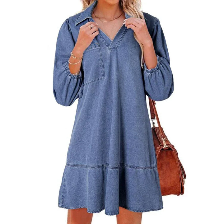 GEMMA™ – Classic Soft Washed Denim Puff Sleeve Dress - MABEL LONDON