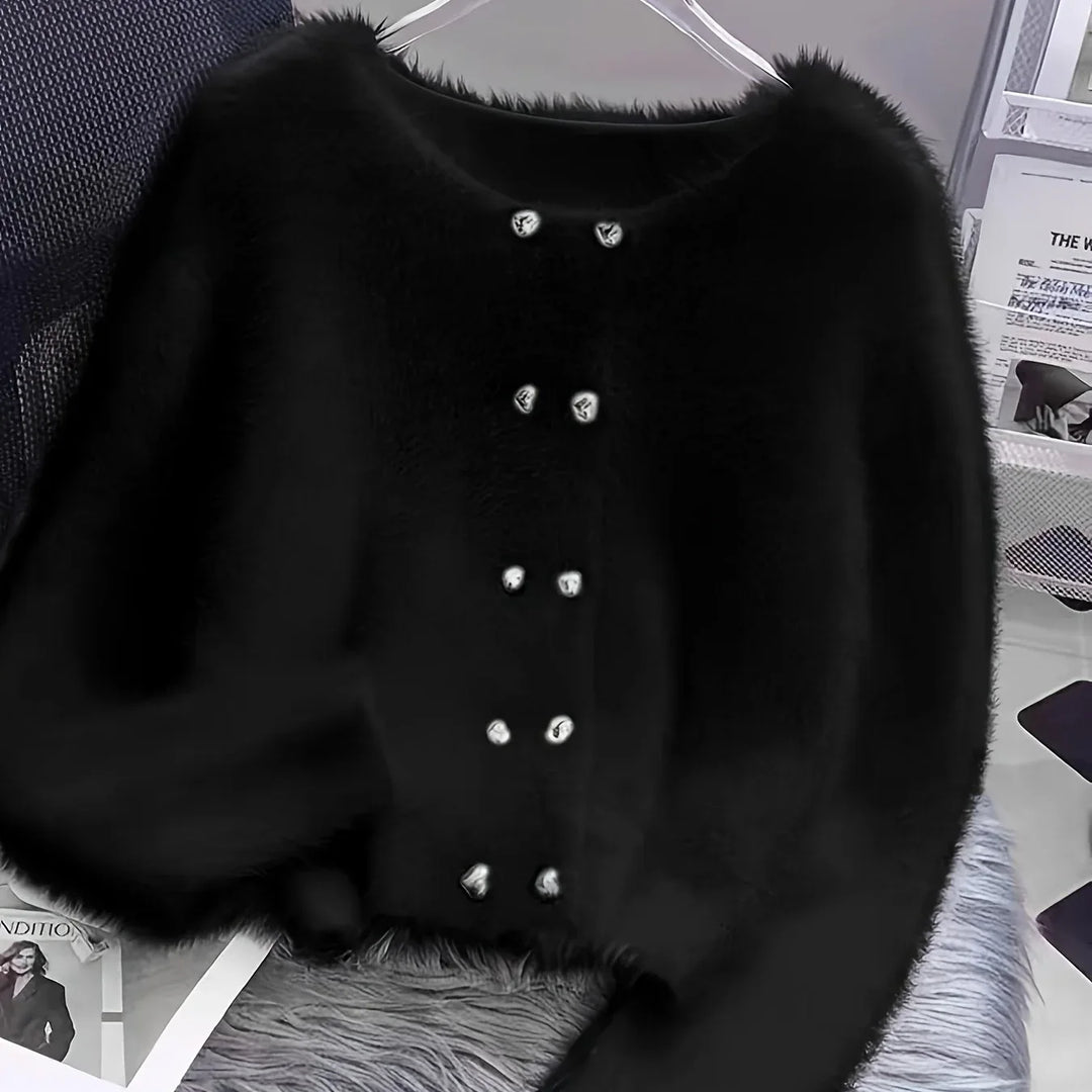 Luna – Fluffy Heart-Button Knit Sweater - MABEL LONDON