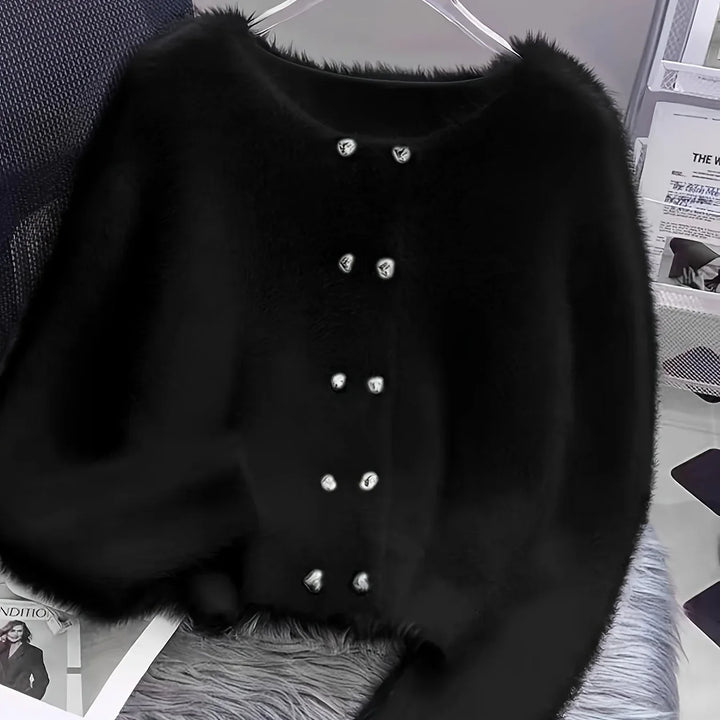 Luna – Fluffy Heart-Button Knit Sweater - MABEL LONDON