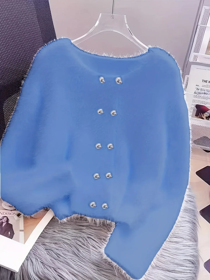 Luna – Fluffy Heart-Button Knit Sweater - MABEL LONDON