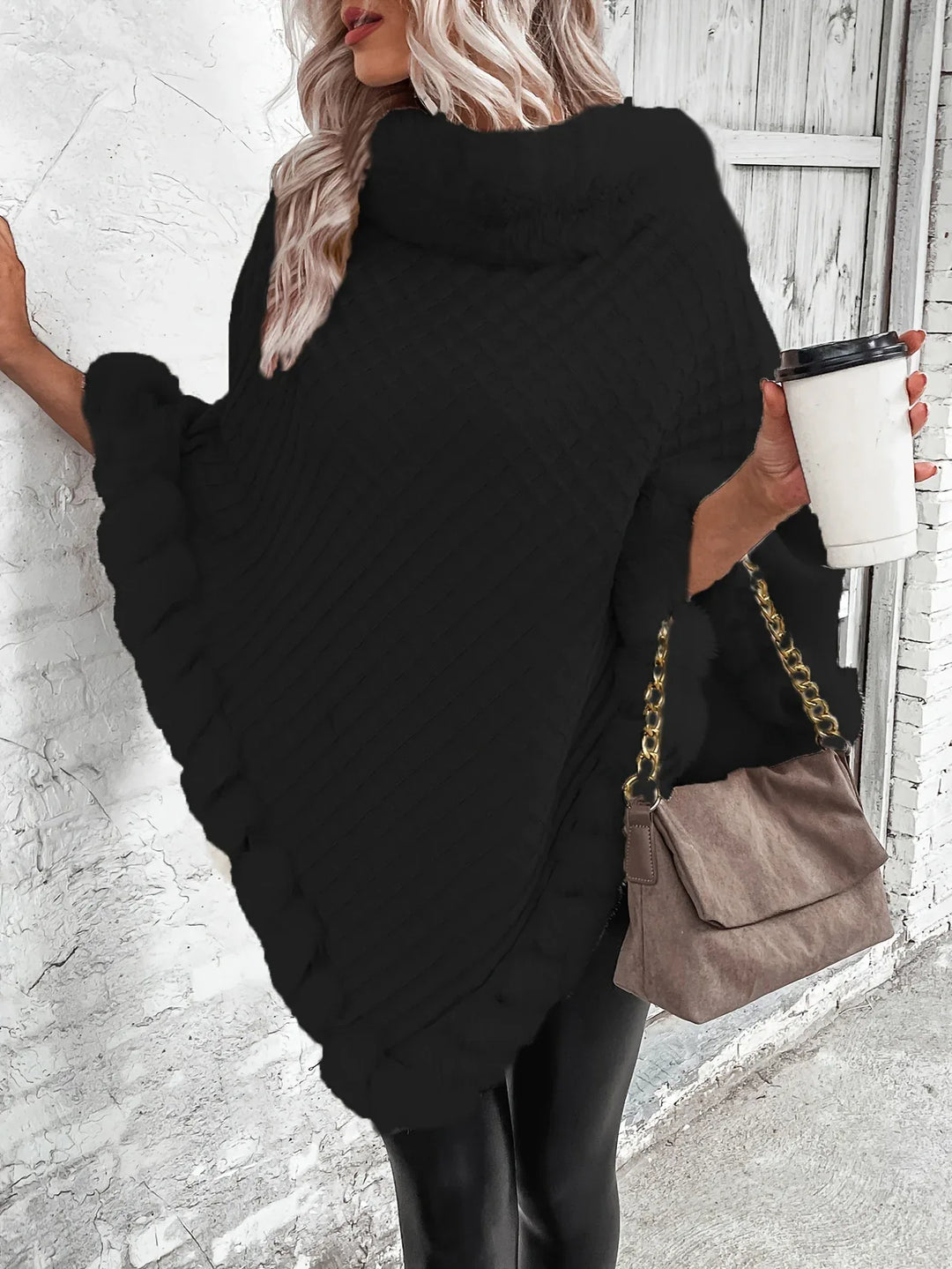 Elara – Faux Fur Trim Knit Poncho - MABEL LONDON