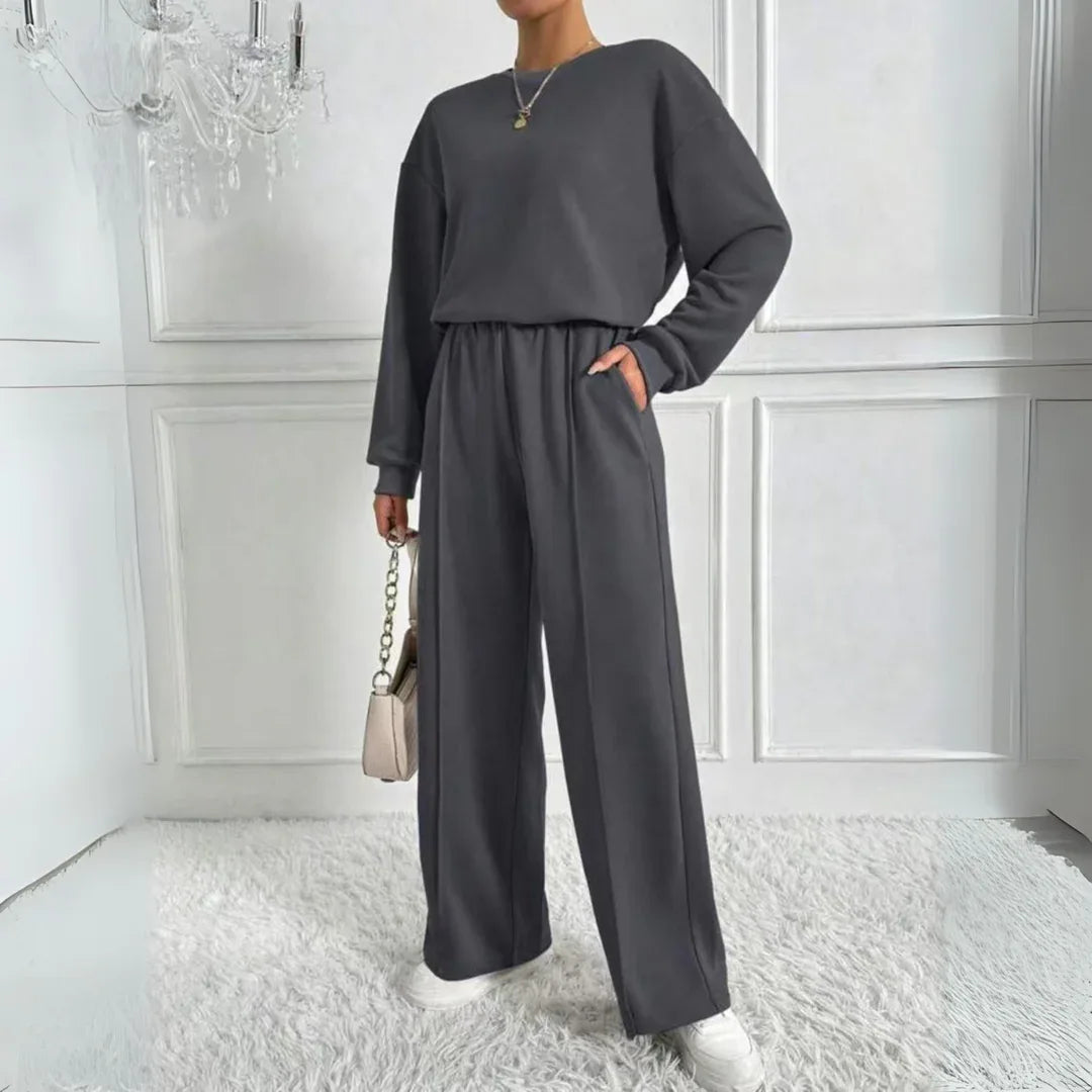 AMBRA™ - Casual Long Sleeve Sweatshirt and High Waist Pants Set - MABEL LONDON