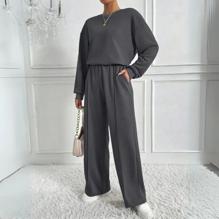 AMBRA™ - Casual Long Sleeve Sweatshirt and High Waist Pants Set - MABEL LONDON