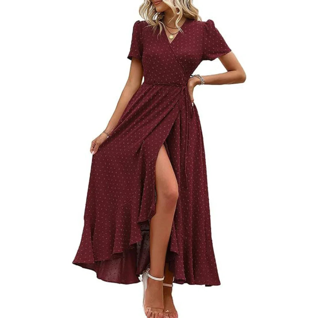 PILAR™ – Classy Flowy Wrap V-Neck Short Sleeve Maxi Dress - MABEL LONDON