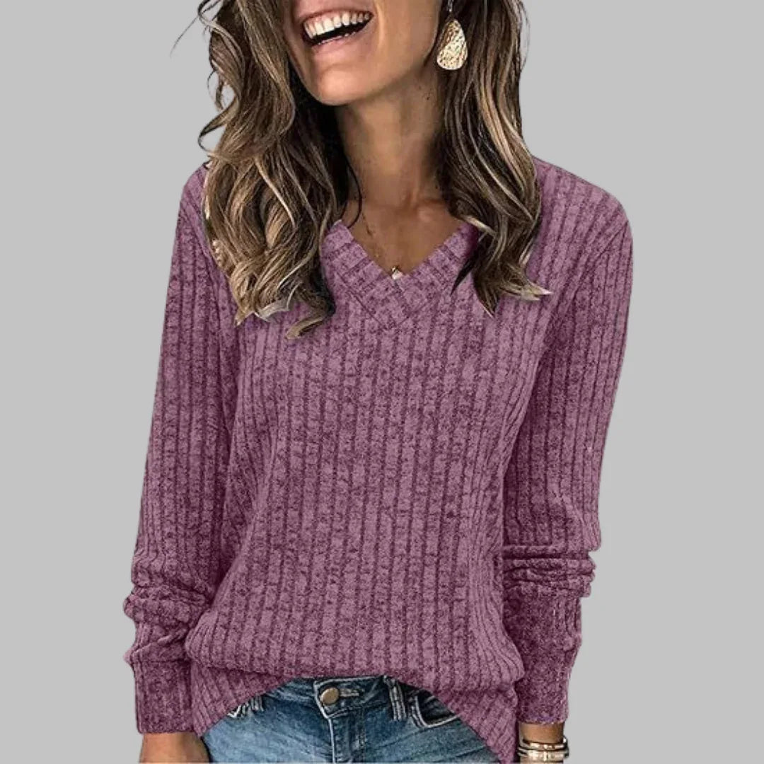KASHA™ - Casual V-Neck Long Sleeve Sweater - MABEL LONDON