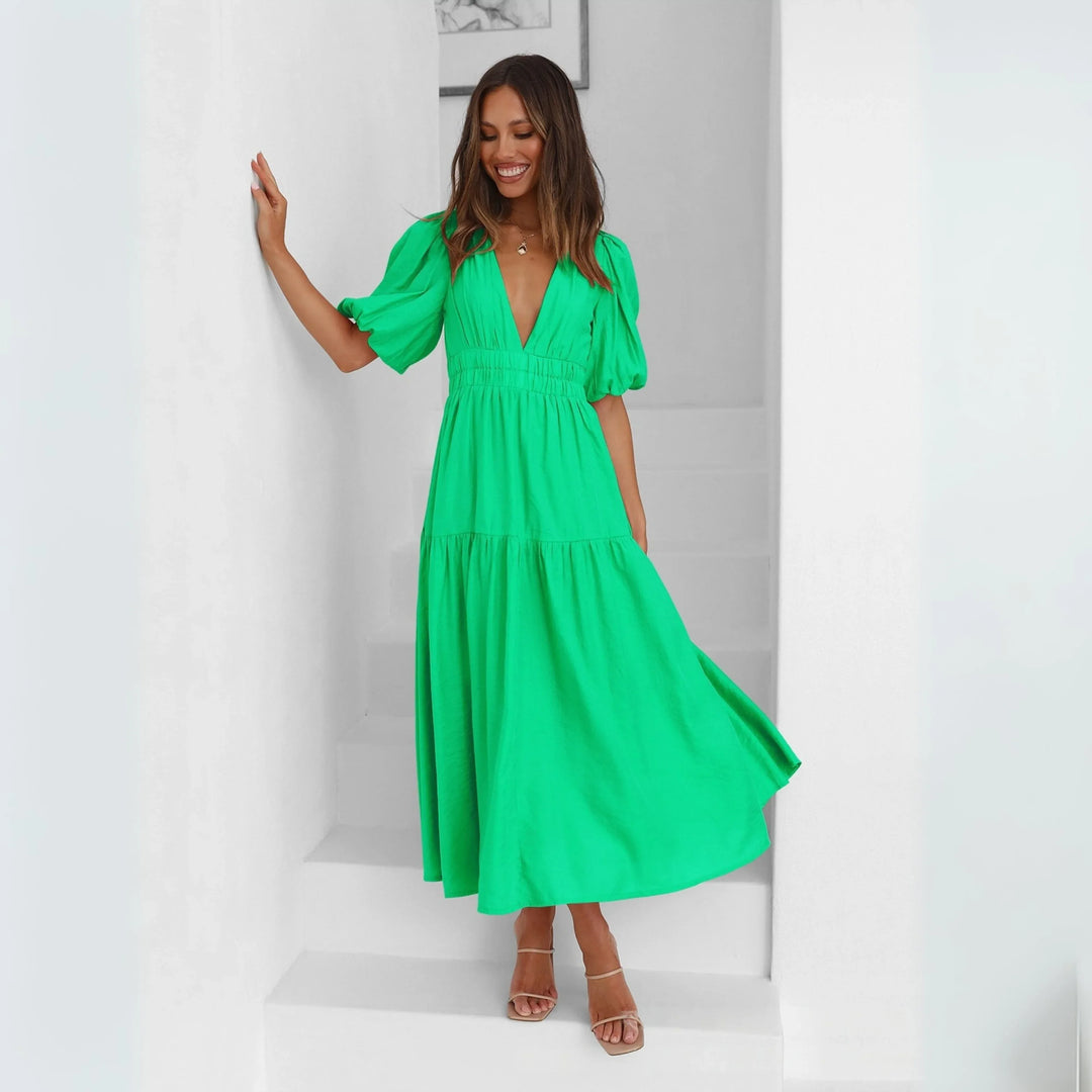 NAMU™ - Classy V-Neck Long Sleeve A-Line Maxi Dress - MABEL LONDON