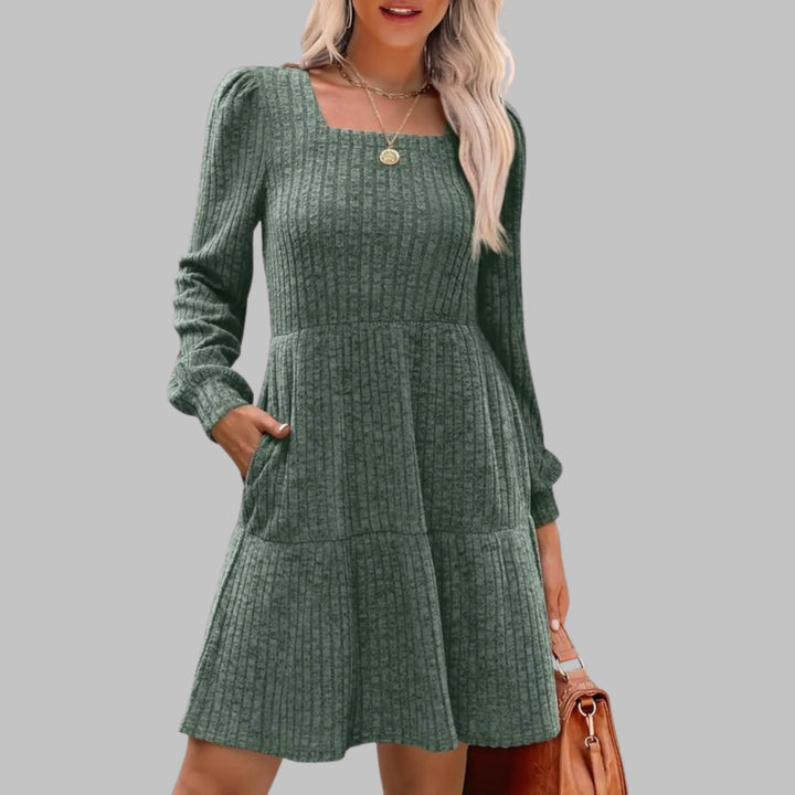 ULAN™ - Casual Square Neck Long Sleeve Midi Dress - MABEL LONDON
