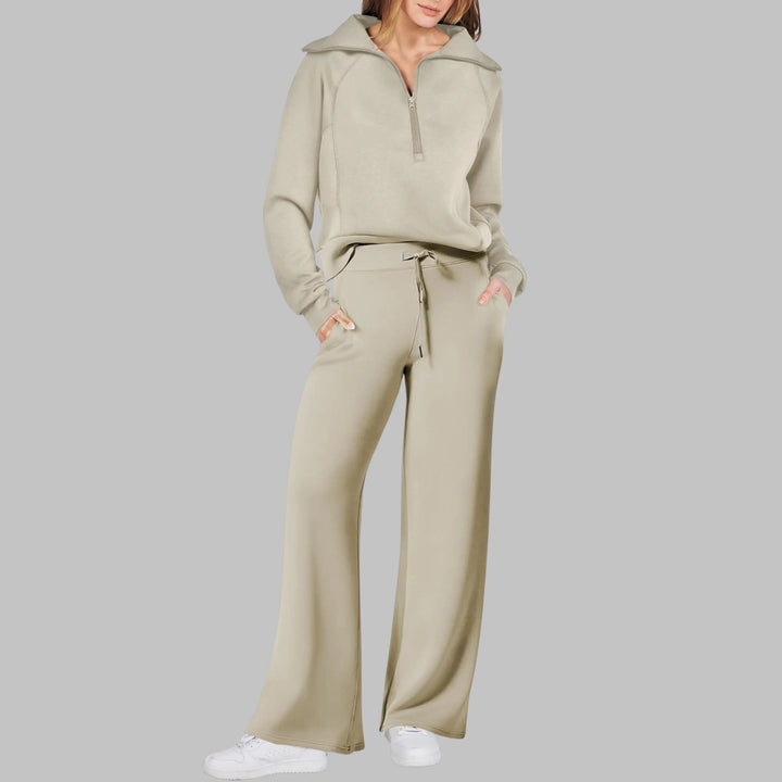 UDAY™ - Comfy Half Zip Sweatshirt and Wide Leg Pants Set - MABEL LONDON