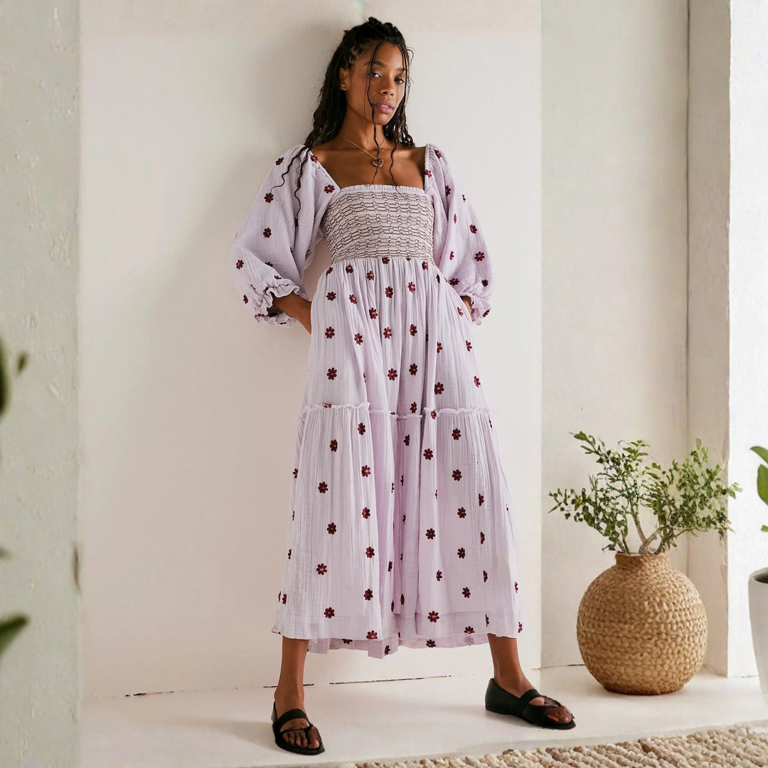 MOIRA™ - Comfy Floral Lantern Sleeve Square Neck Maxi Dress - MABEL LONDON