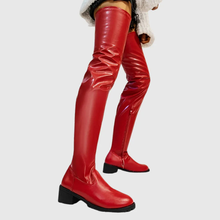 Fenisse | Chunky Heel Thigh-High Leather Boots - MABEL LONDON