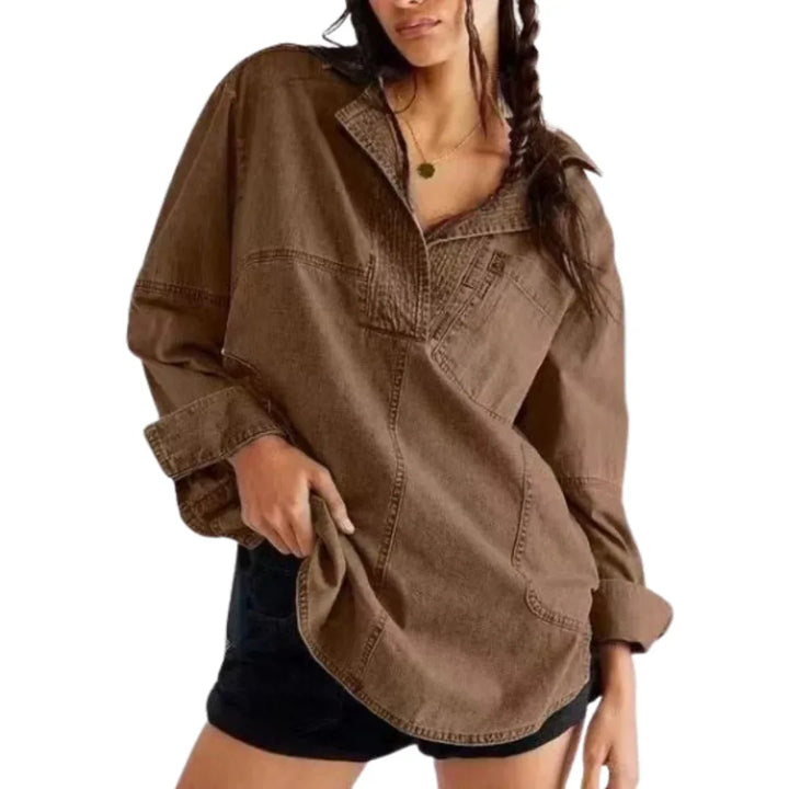 NISHA™ - Chic V-Neck Loose Fit Long-sleeve Top - MABEL LONDON