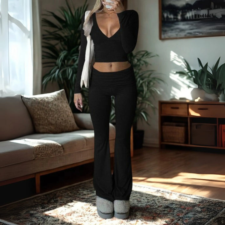 SINA™ - Casual V-Neck Long Sleeve Crop Top and Pants Set - MABEL LONDON