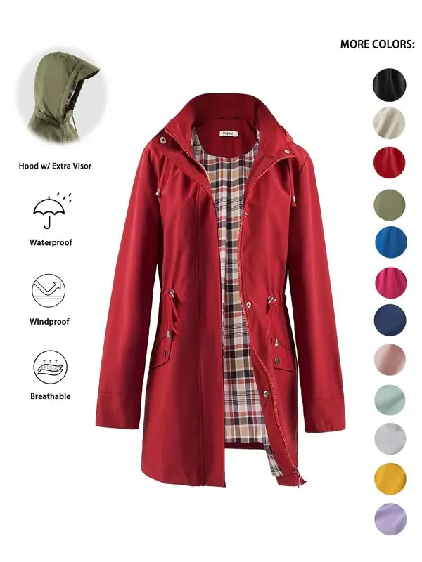 QING™ - Casual Drawstring Zip Up Hooded Trench Coat - MABEL LONDON