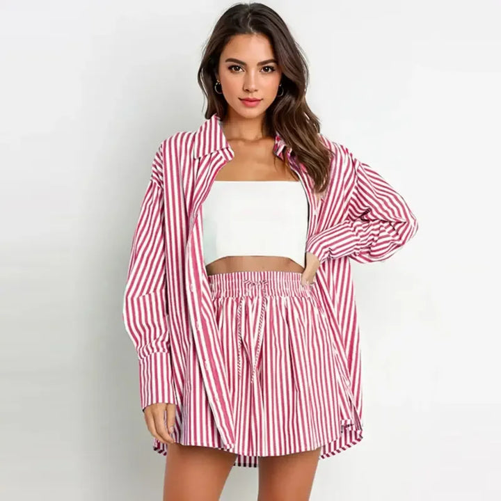 TIFY™ – Chic Striped Collared Shirt and Wide-Leg Shorts Set - MABEL LONDON
