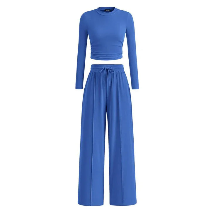 MIRELA™ - Ribbed Knit Long Sleeve Crop Top and Matching Pants Set - MABEL LONDON