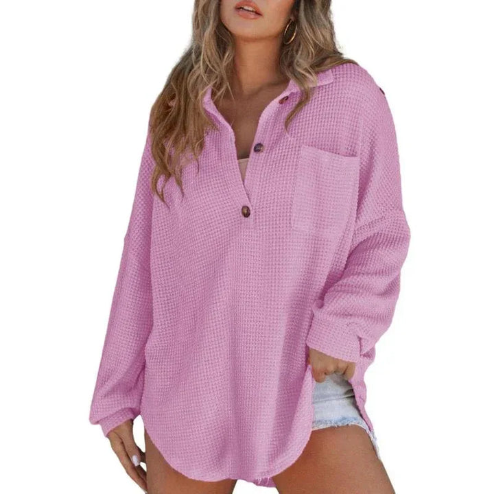 RHANNON™ - Casual Oversized Waffle V-Neck Long Sleeve Sweater - MABEL LONDON