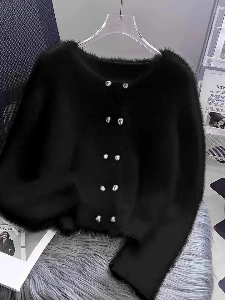 Luna – Fluffy Heart-Button Knit Sweater - MABEL LONDON