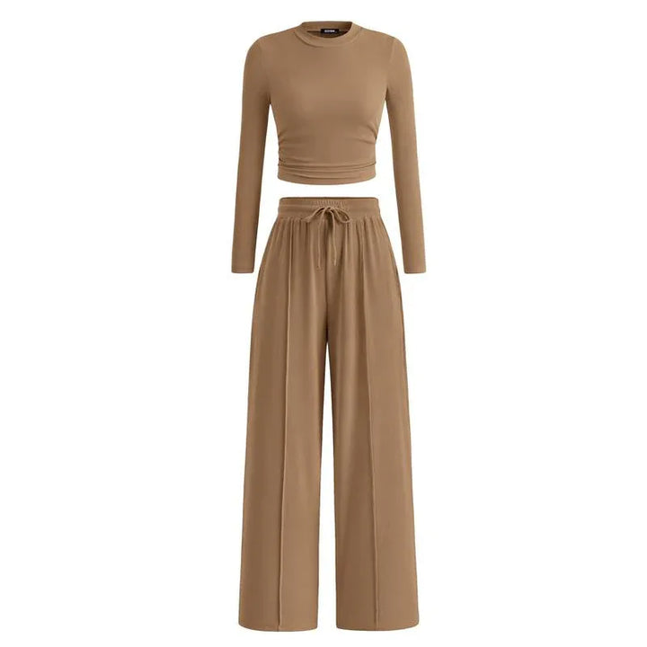 MIRELA™ - Ribbed Knit Long Sleeve Crop Top and Matching Pants Set - MABEL LONDON
