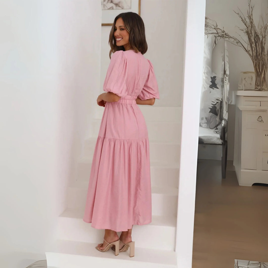 NAMU™ - Classy V-Neck Long Sleeve A-Line Maxi Dress - MABEL LONDON