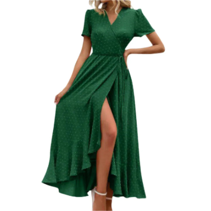 PILAR™ – Classy Flowy Wrap V-Neck Short Sleeve Maxi Dress - MABEL LONDON