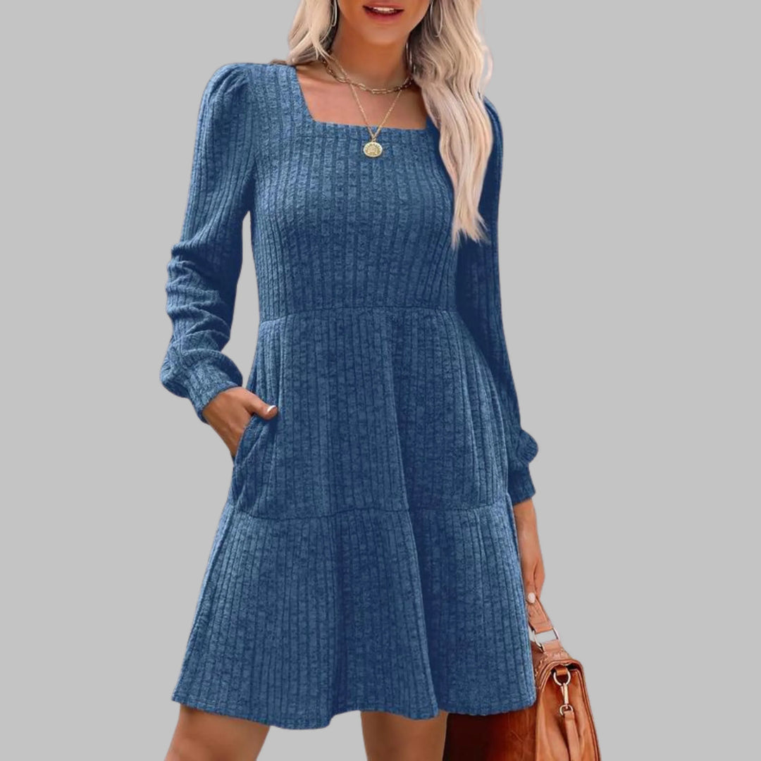 ULAN™ - Casual Square Neck Long Sleeve Midi Dress - MABEL LONDON