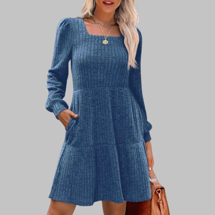 ULAN™ - Casual Square Neck Long Sleeve Midi Dress - MABEL LONDON