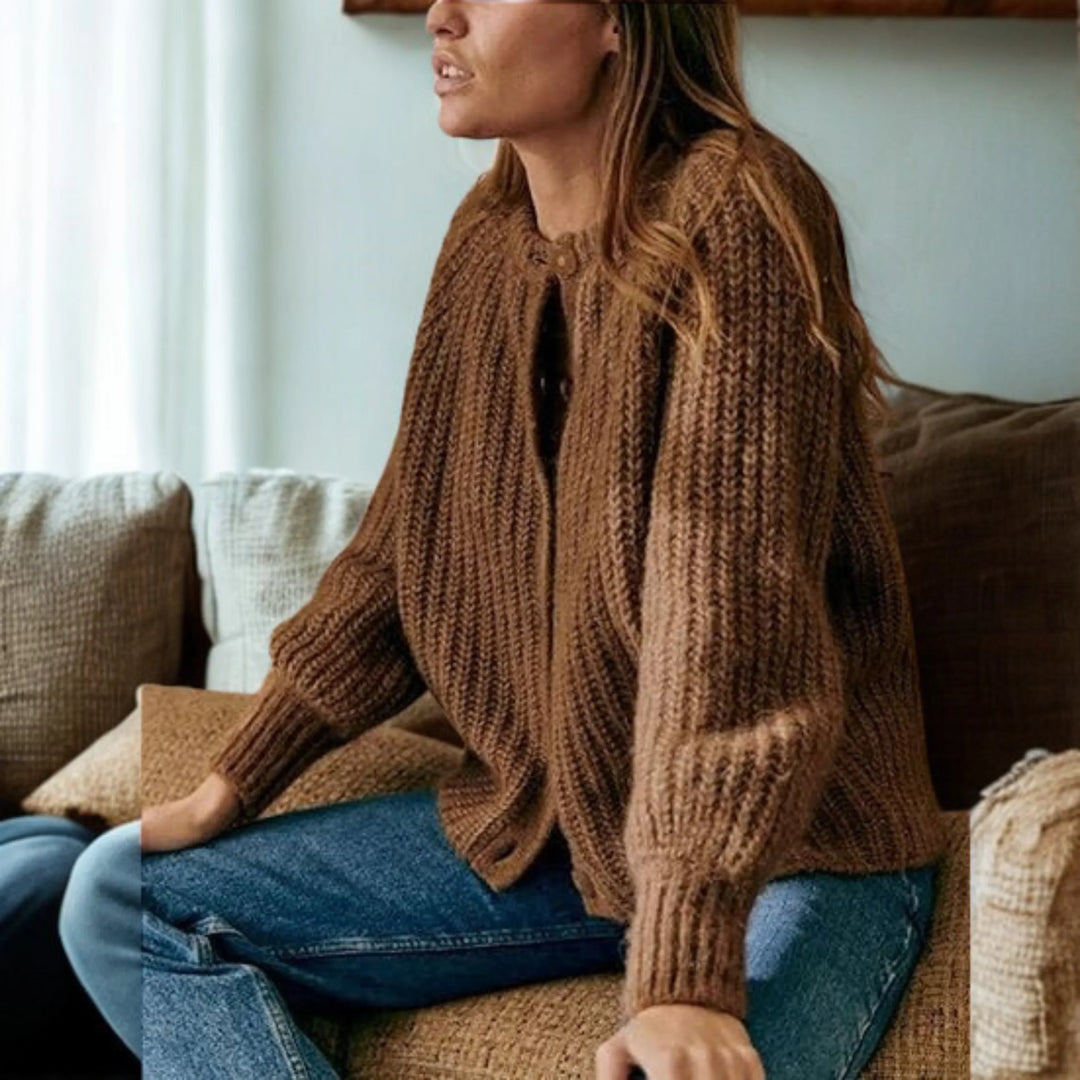 ELOWEN™ - Comfy Plain Button Down Long Sleeve Round Neck Cardigan - MABEL LONDON