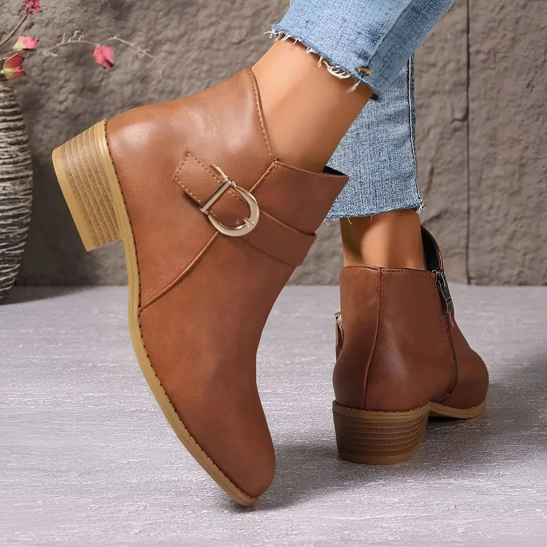 Bethany I Brown Buckle Ankle Boots - MABEL LONDON