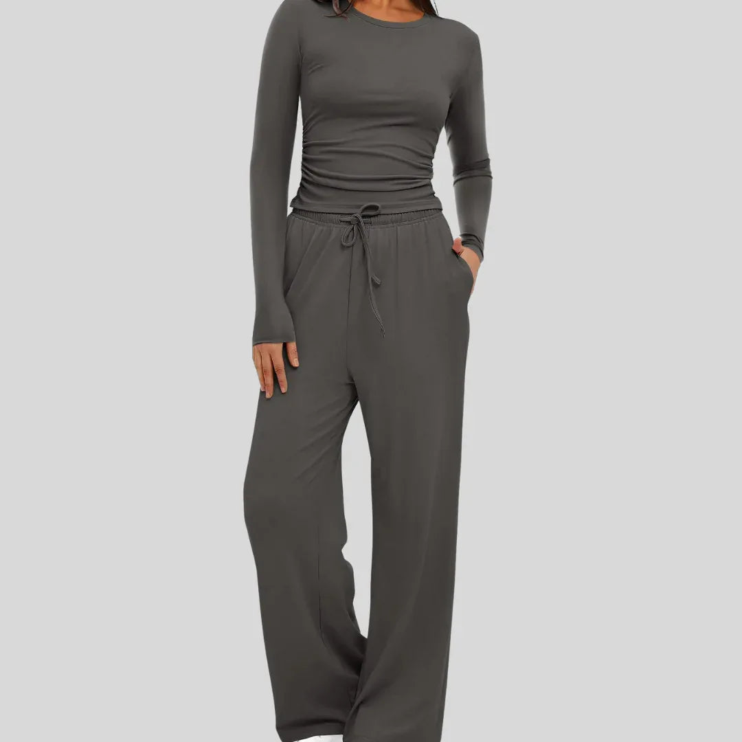 JANNY™ - Casual Long Sleeve Top and Wide Leg Pants Set - MABEL LONDON