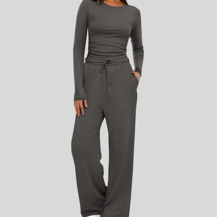JANNY™ - Casual Long Sleeve Top and Wide Leg Pants Set - MABEL LONDON