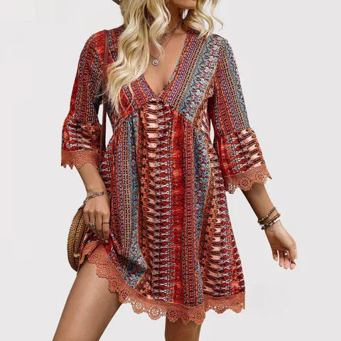 MELINA™ – Boho Charm V-Neck Dress - MABEL LONDON